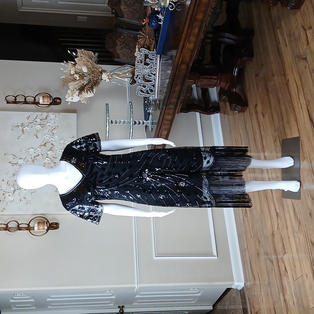 New Black Beaded Gatsby Flapper Cocktail V-neck Dress By Yessa. Size L - Picture 3 of 17
